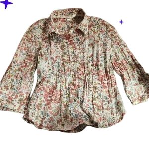 Christopher & Banks Fitted Pleated Floral Button-Up Blouse Med